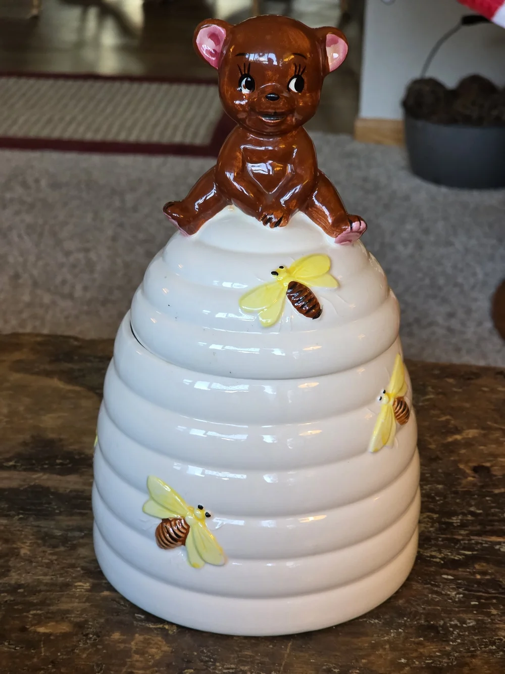 Giftcraft Anthropomorphic Ceramic Bear-Top Beehive Cookie Jar - White and Brown